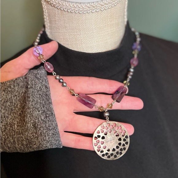 Lia Sophia Jewelry - Vintage Boho Lia Sophia Abalone Shell Purple Glass Beads Pearled Necklace
